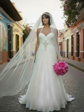 Cosmobella Halter White Lace Bridal Gown - Size 12